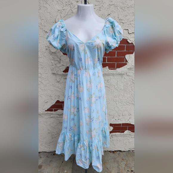 10 LoveShackFancy Estelle Floral Blue Puff Short Sleeve Midi Dress Target - Picture 3 of 16